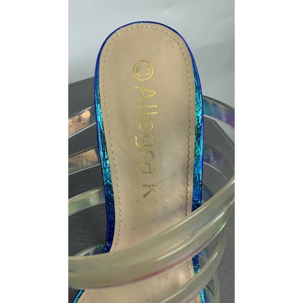 Allegra k Strappy Slide Sandals Holographic Metallic Blue Heels 6.5 Women's